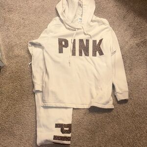PINK Victoria's Secret Cream Hoodie with Leopard Print Joggers